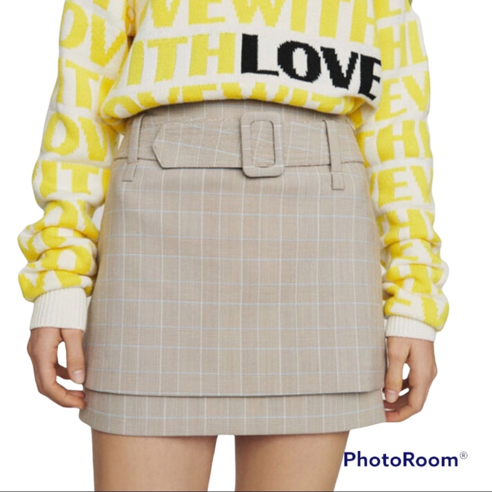 Maje Belted Checked Mini Skirt Tan Blue Check Sz 40= L